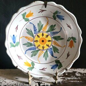 Vtg French Faience Hand Painted Floral Decorative Plate Scalloped Edge